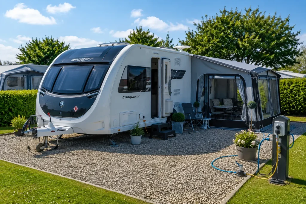 Modern UK touring caravan parked on a fully serviced gravel pitch