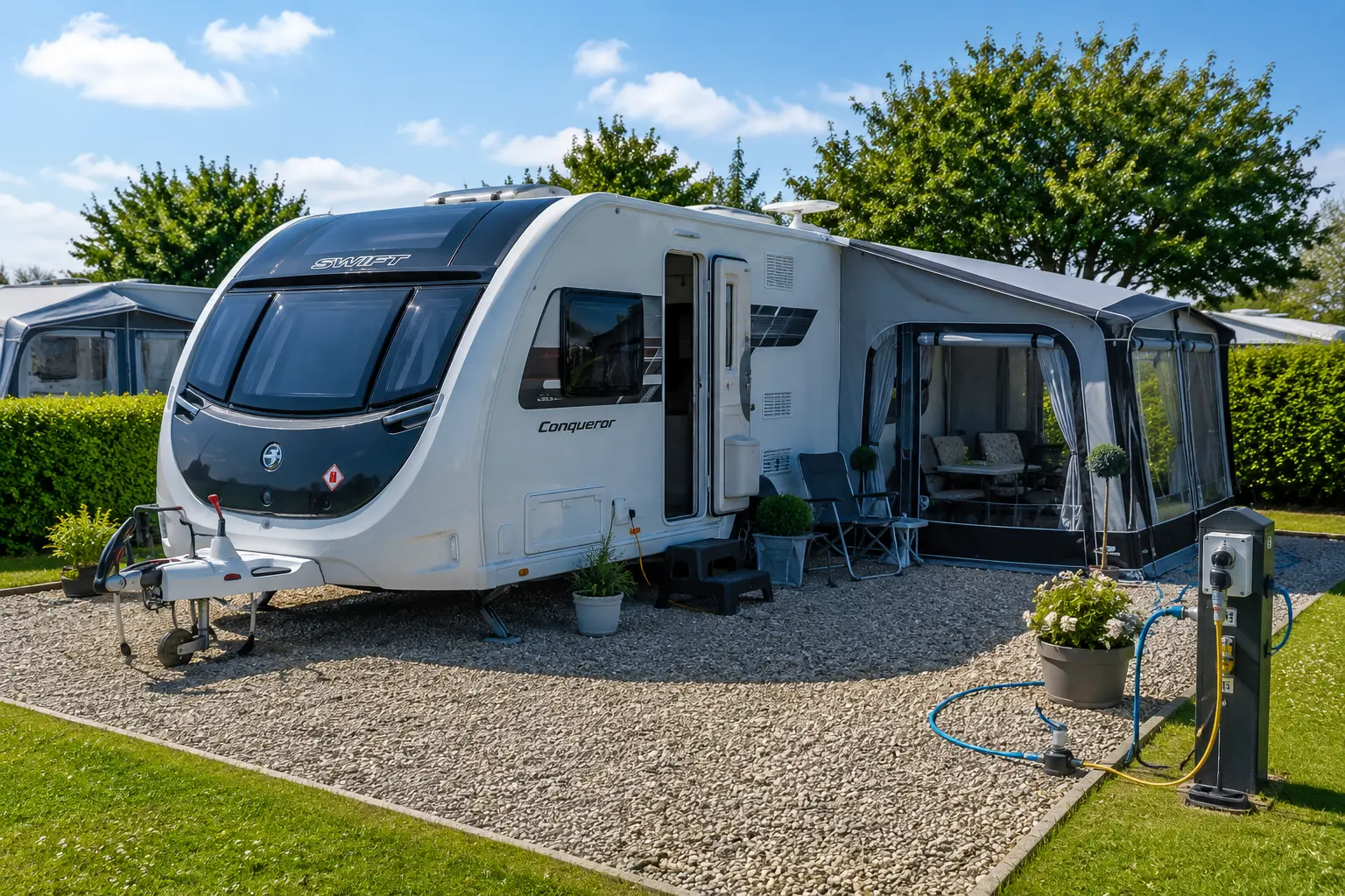 Modern UK touring caravan parked on a fully serviced gravel pitch