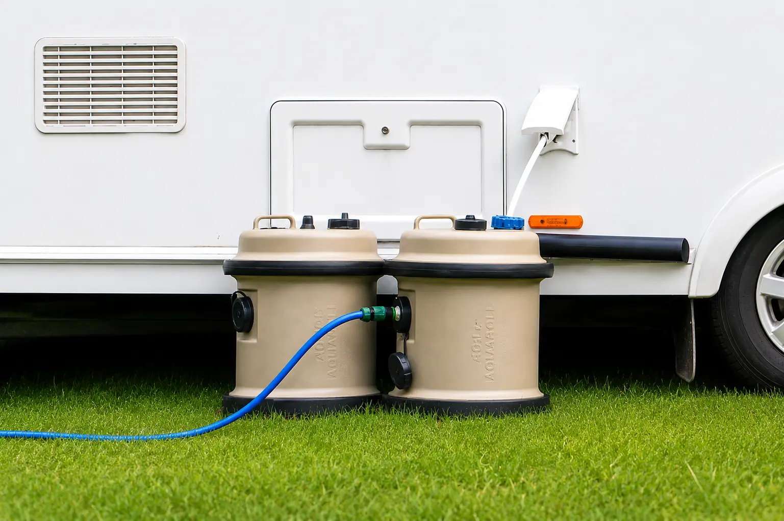 UK touring caravan connected to an Aquaroll water container on a campsite pitch