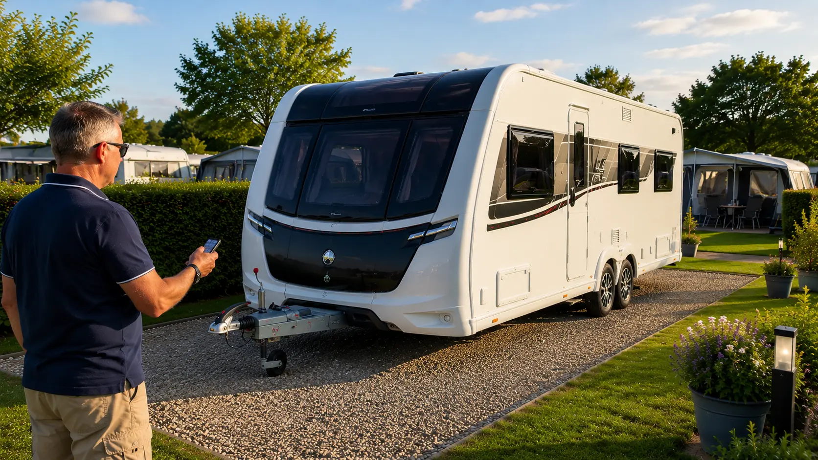 UK touring caravan using caravan mover on premium campsite pitch