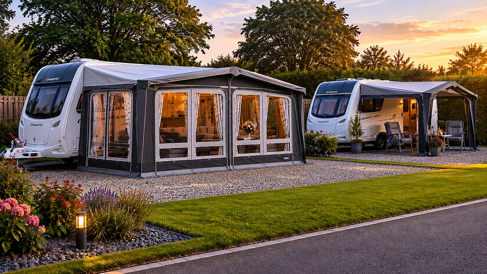 Full awning and porch awning beside UK touring caravans on premium campsite pitches