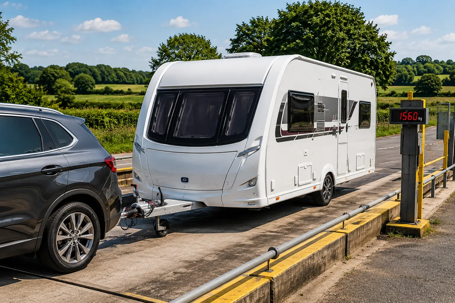 UK touring caravan on a weighbridge checking caravan weight limits