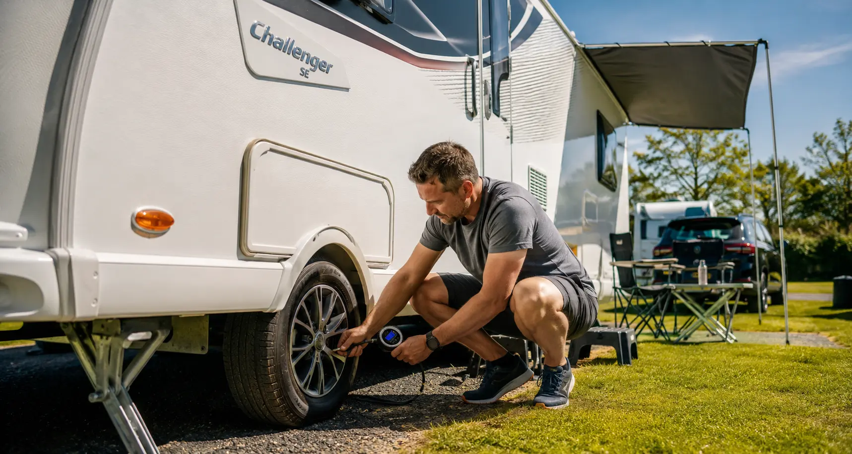 Checking tyre pressure on a UK touring caravan before towing