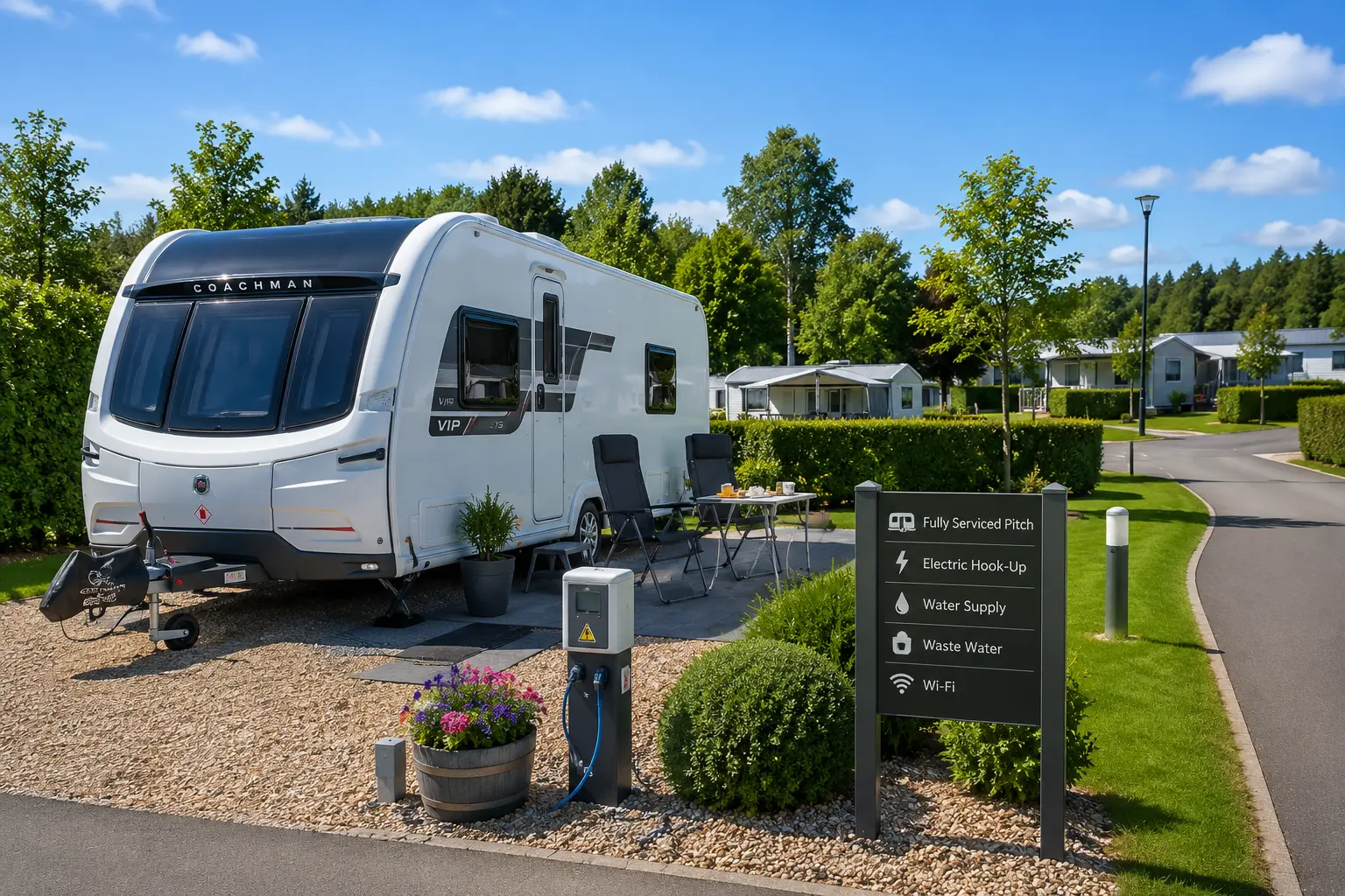 Modern UK touring caravan parked on a premium campsite with excellent facilities