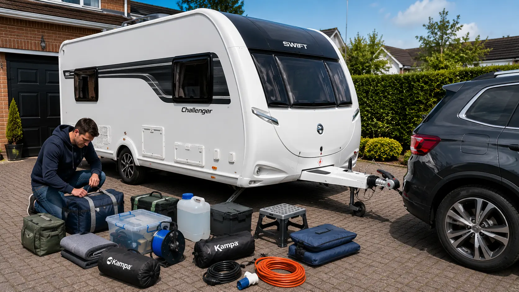 What to pack for a caravan holiday with UK touring caravan being prepared on driveway before departure