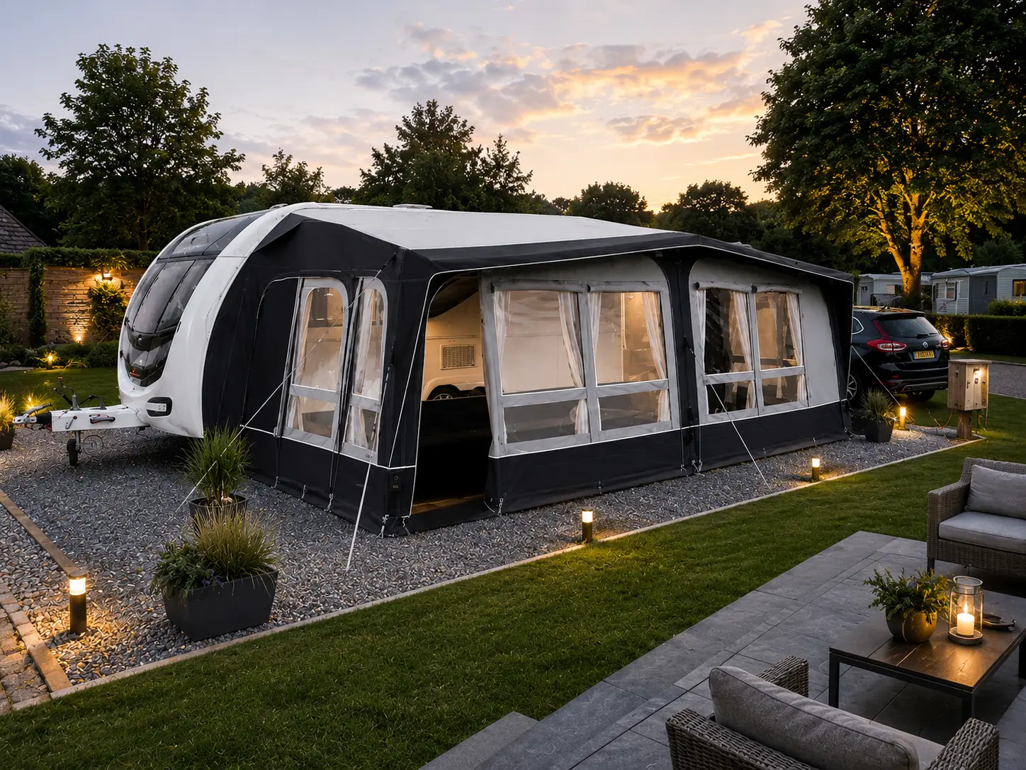 Large full awning attached to a UK touring caravan on a campsite pitch