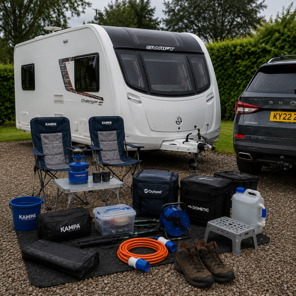 Outdoor touring gear and caravan equipment beside a UK touring caravan