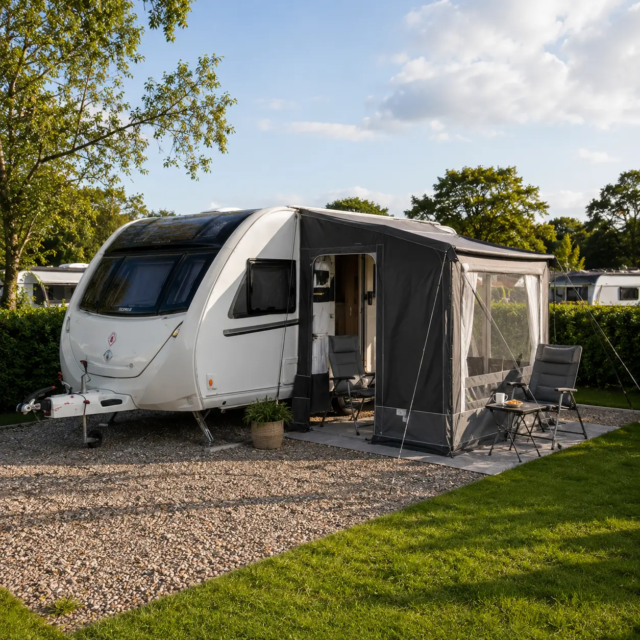 Porch awning beside a UK touring caravan on a campsite pitch