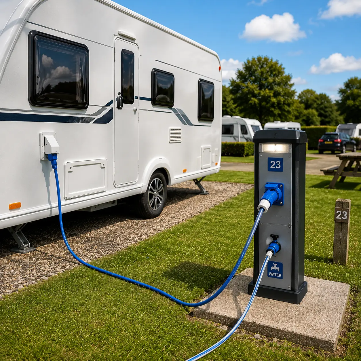 Modern UK caravan connected on a fully serviced touring pitch