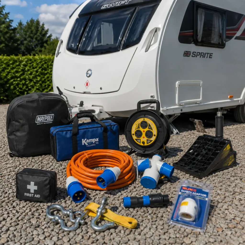 Essential touring caravan accessories including hook-up cable and safety adaptor