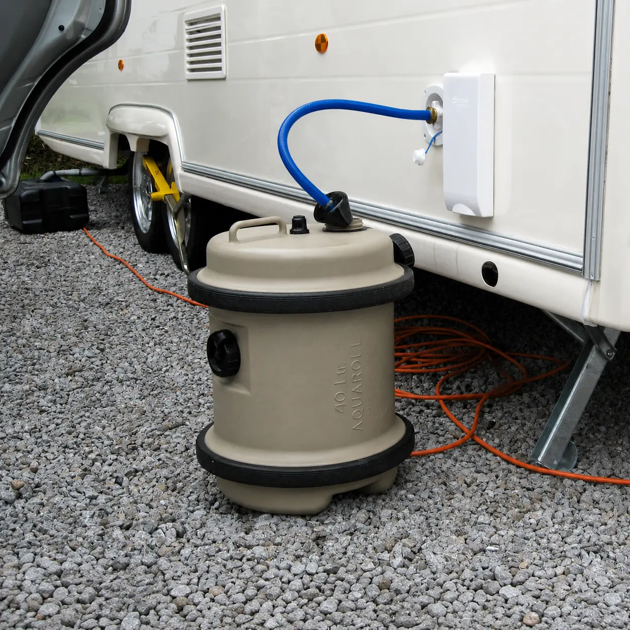 Aquaroll water container connected to a UK touring caravan water inlet