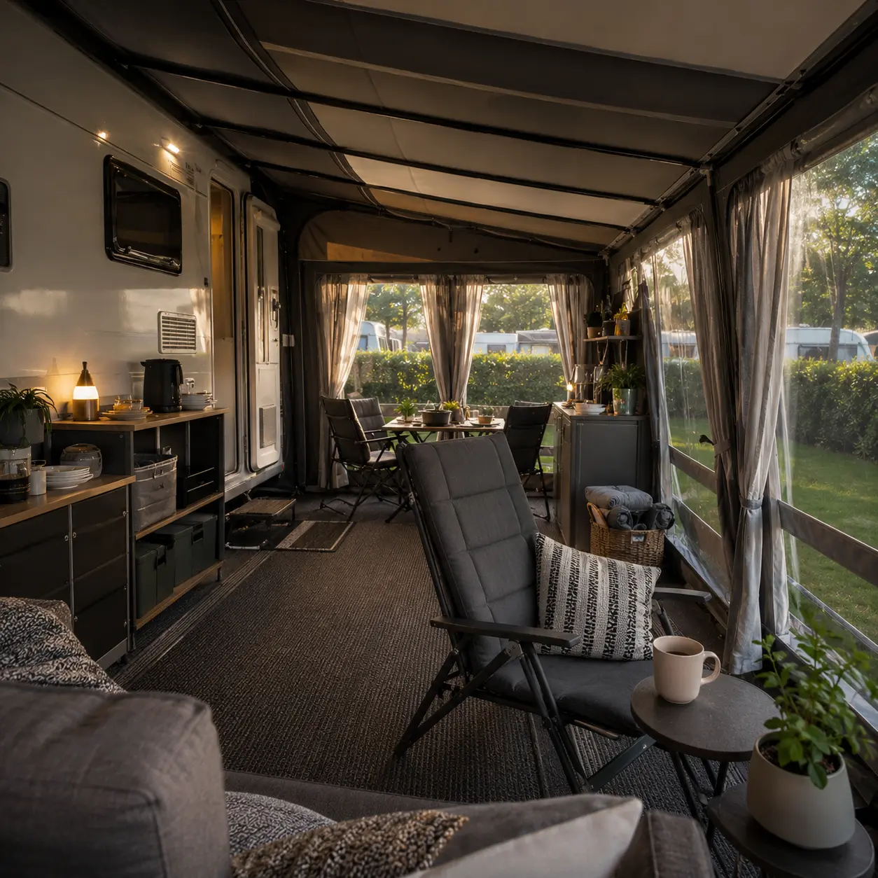 Interior seating and storage space inside a full caravan awning