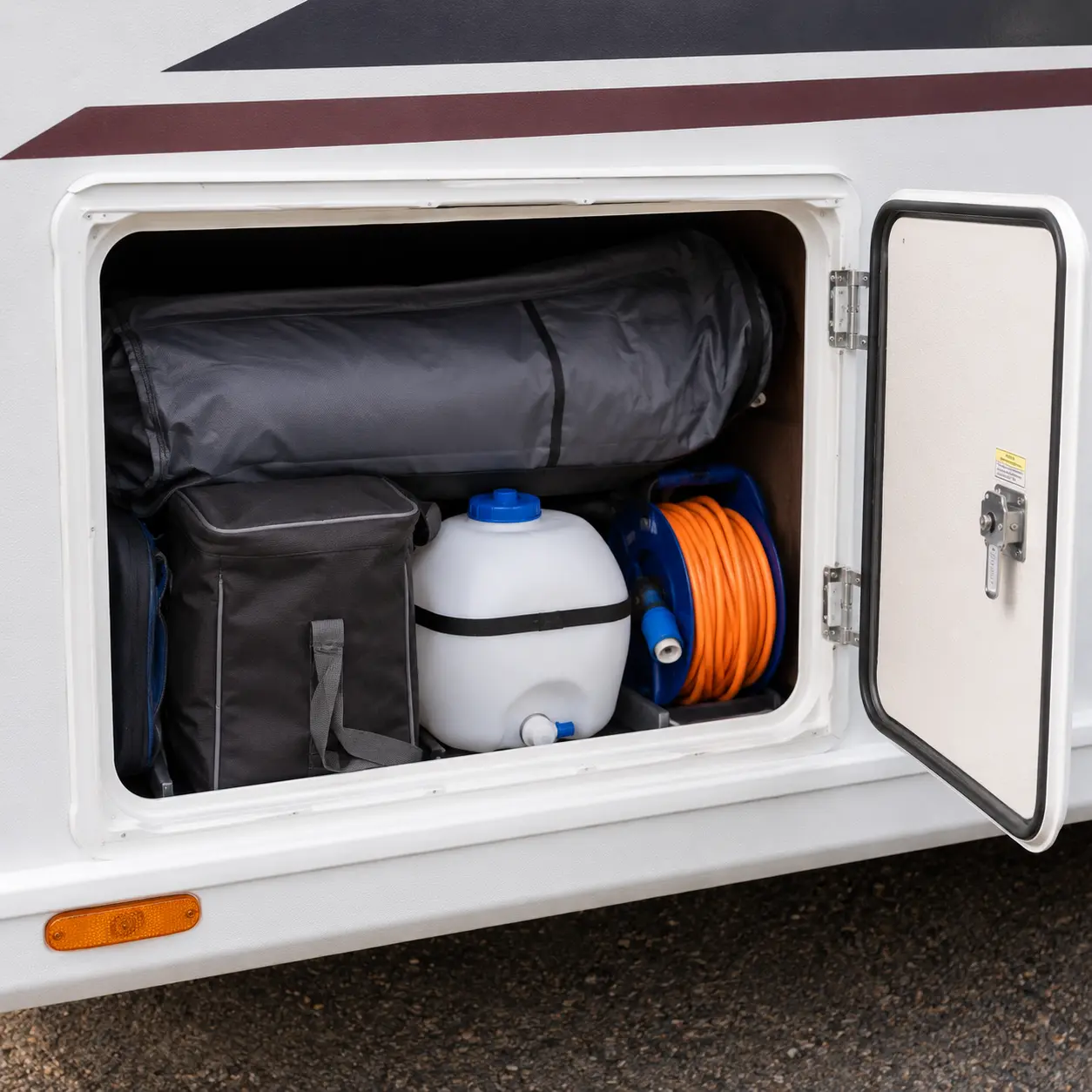 Properly loaded UK touring caravan with balanced storage