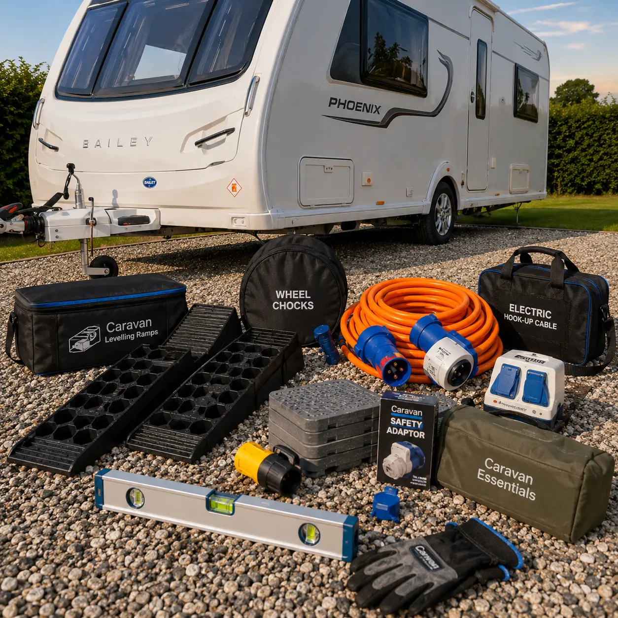 Essential touring caravan accessories including hook-up cable and safety adaptor