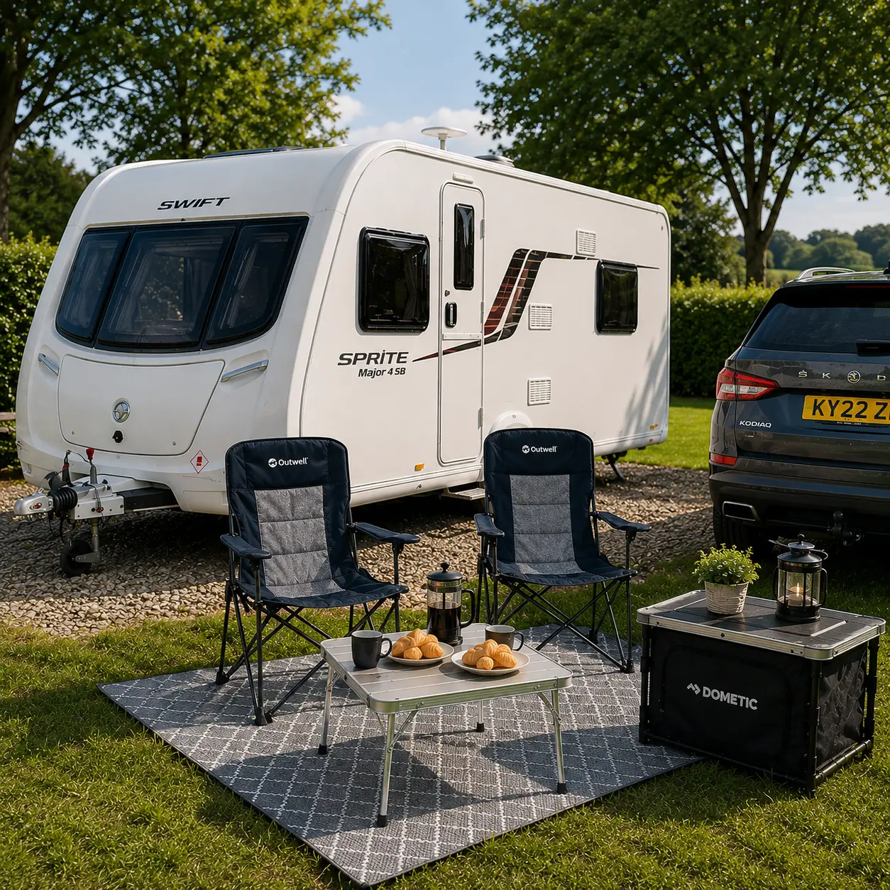 Relaxing outdoor setup beside a UK touring caravan during a caravan holiday