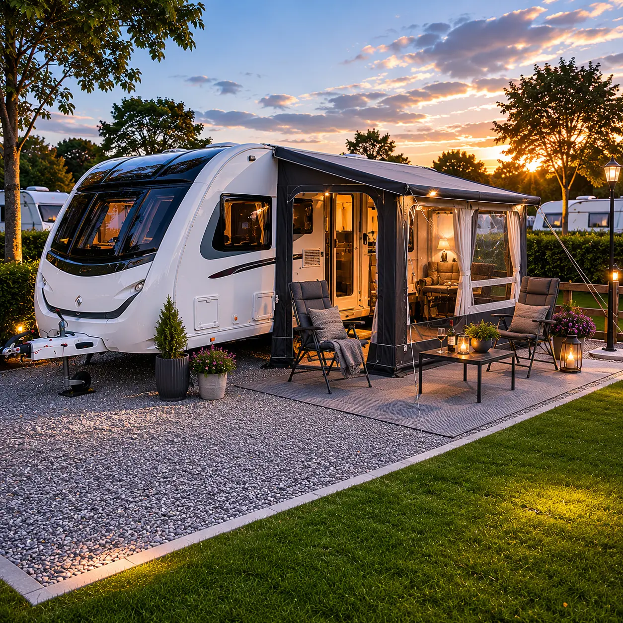 UK touring caravan with porch awning on a scenic campsite pitch