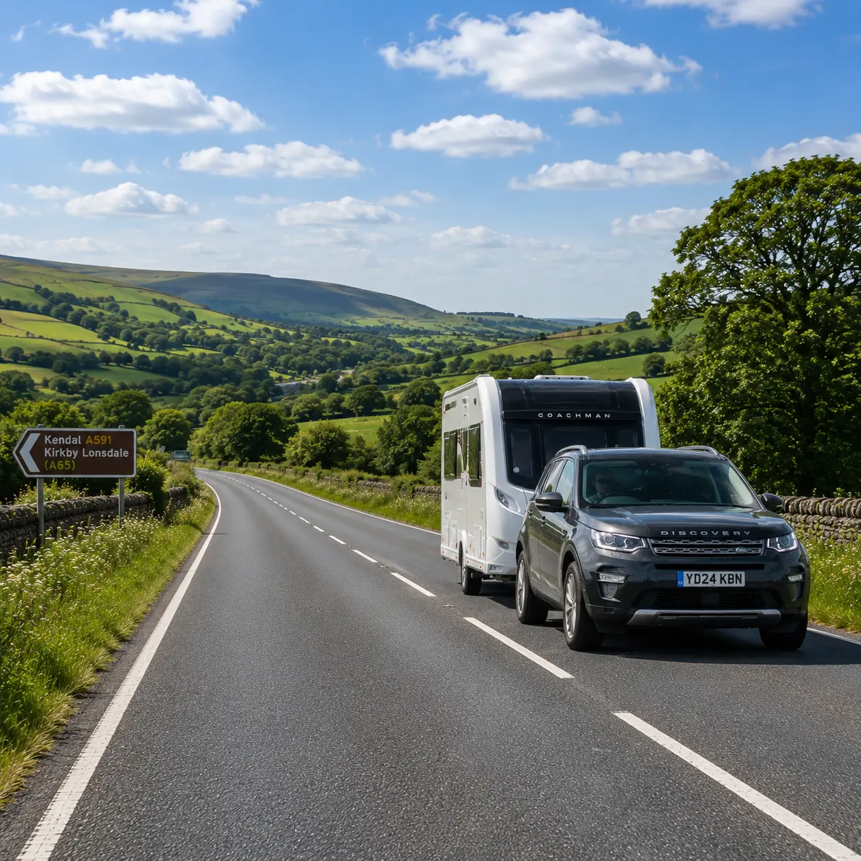 UK SUV towing British touring caravan on rural road