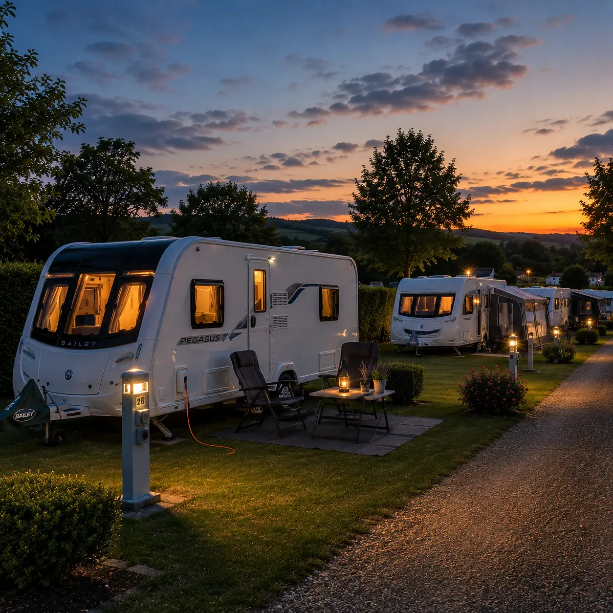 Peaceful UK caravan site with touring caravans connected to electric hook-up during an evening stay