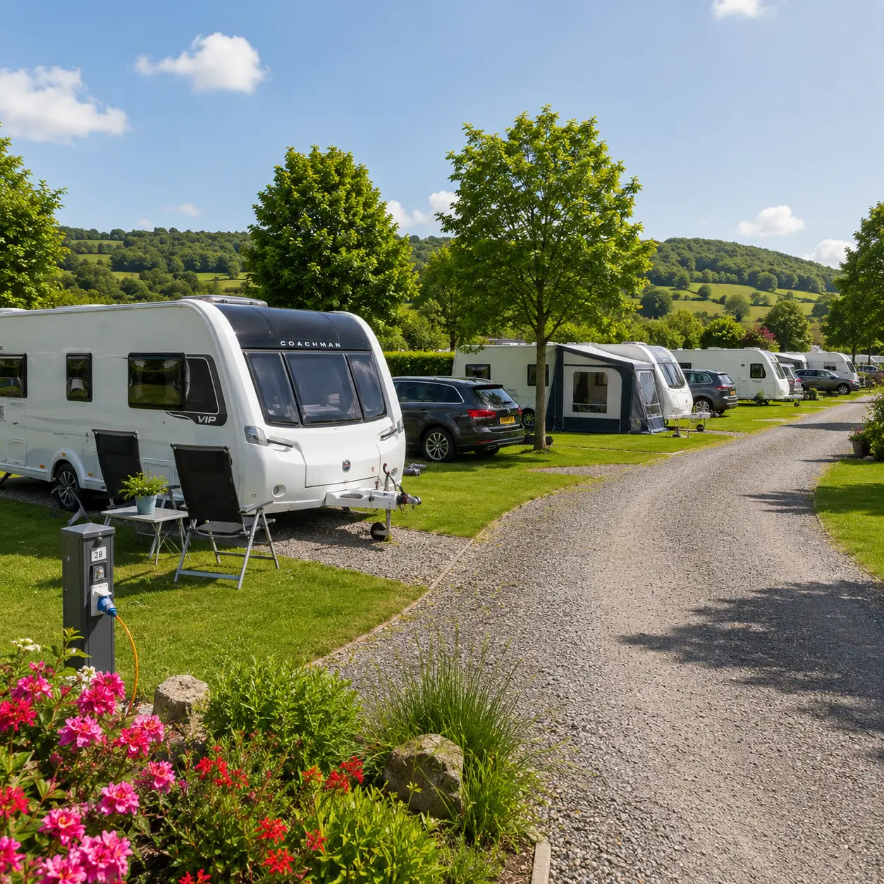 Peaceful UK caravan site with touring caravans relaxing on fully serviced pitches during an evening stay