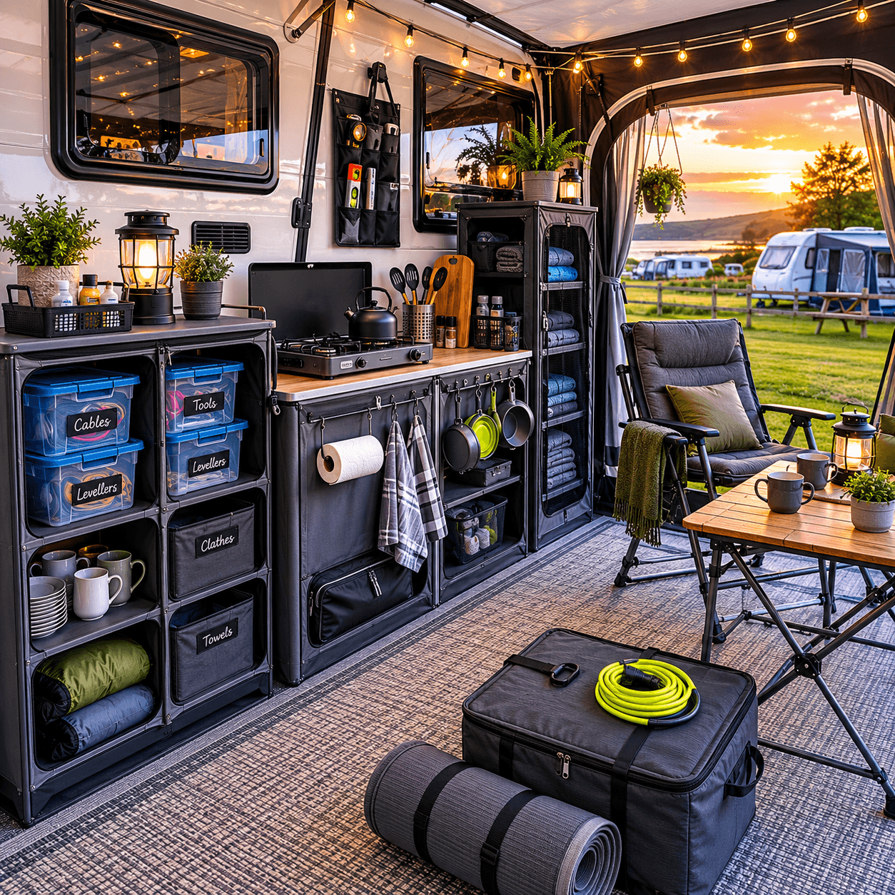 Organised caravan storage and touring essentials inside a caravan awning