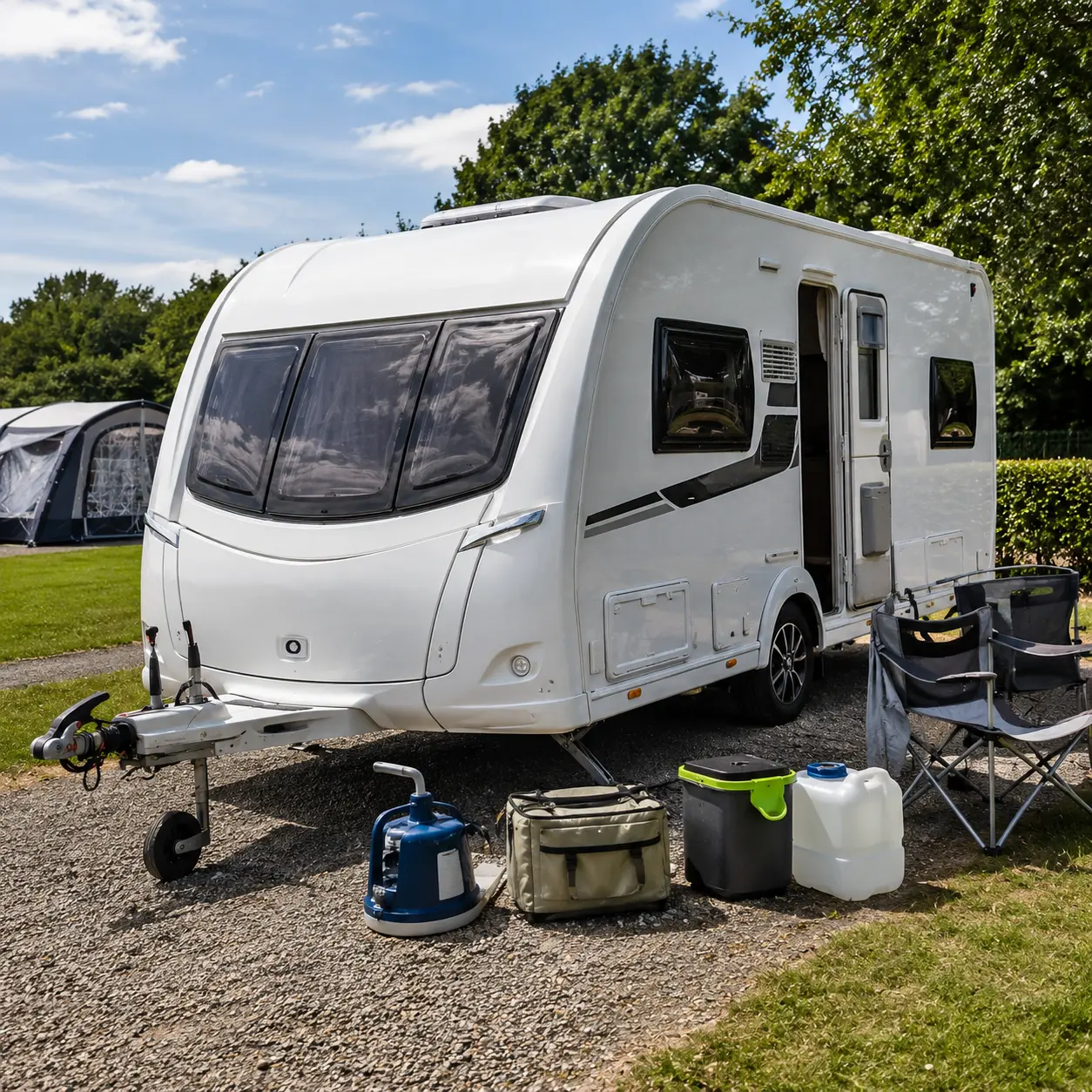 UK touring caravan loaded for a touring holiday showing caravan payload