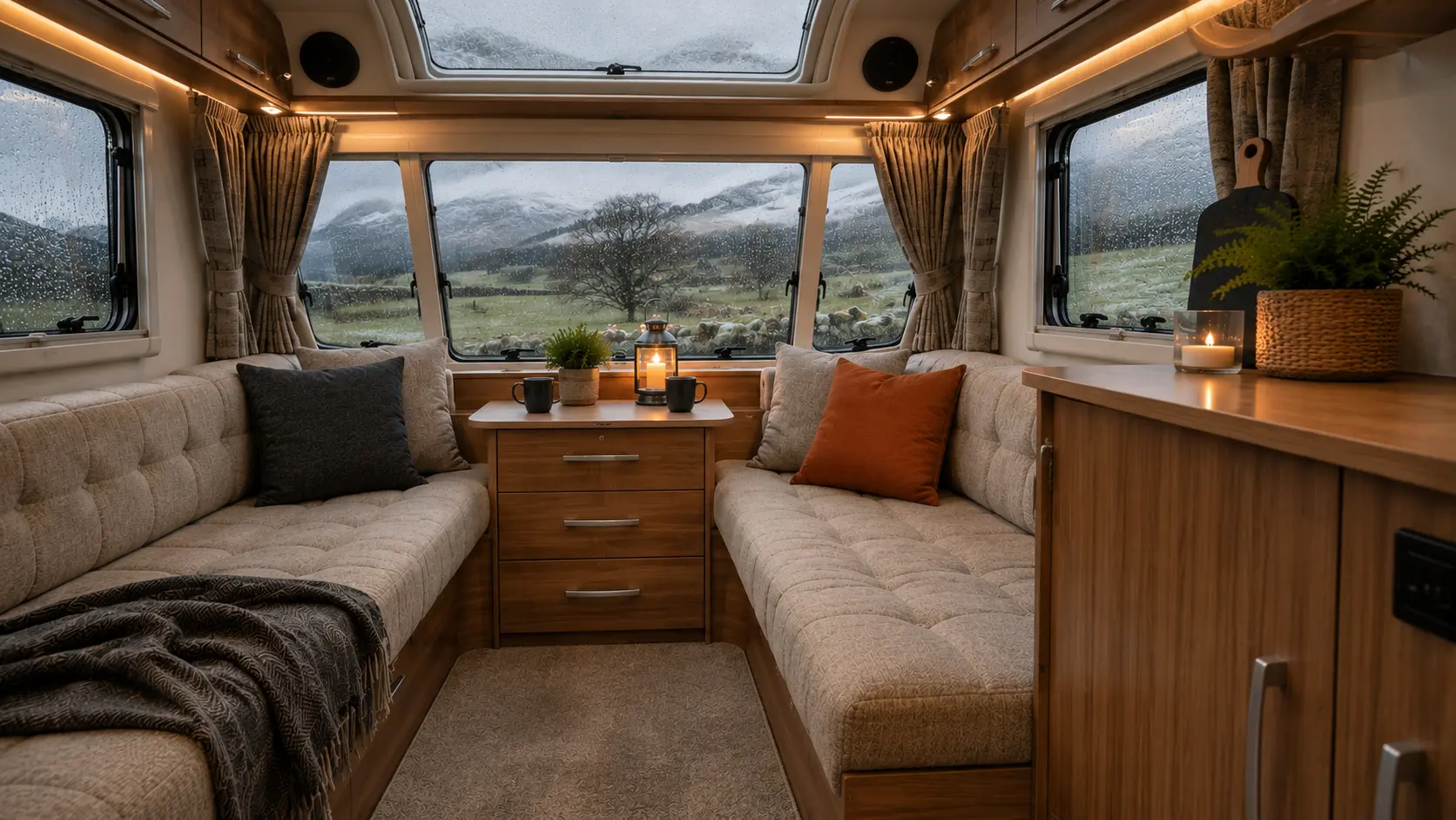 Modern British touring caravan interior with heating system operating during cold weather