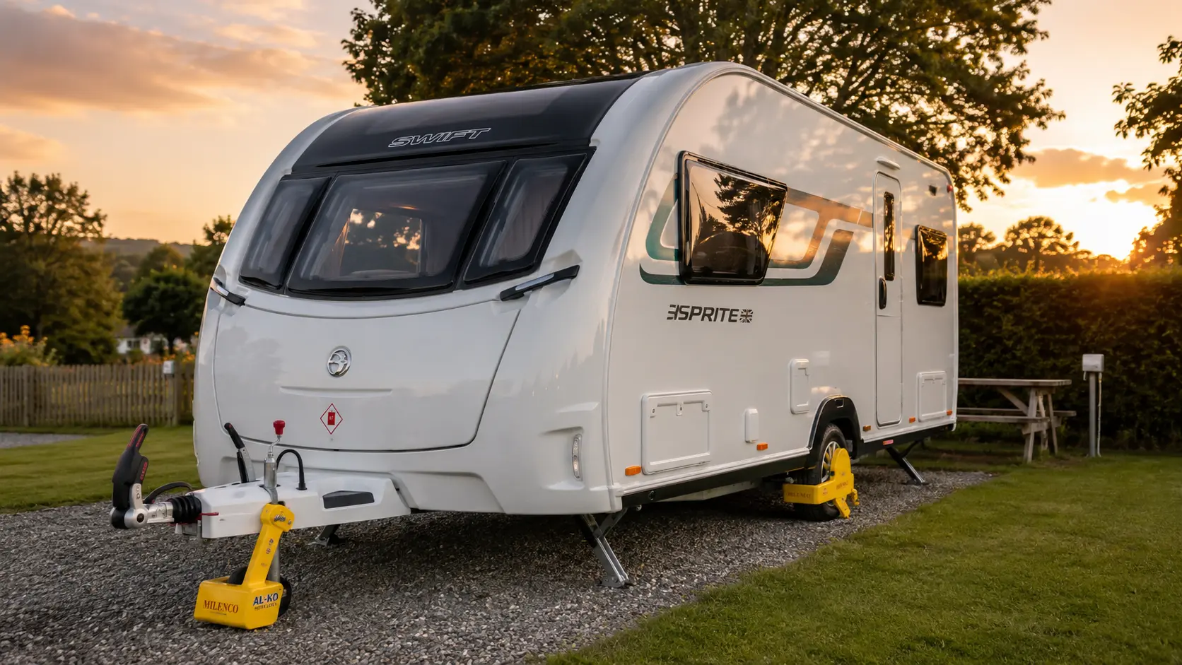 UK caravan protected with security devices on a campsite