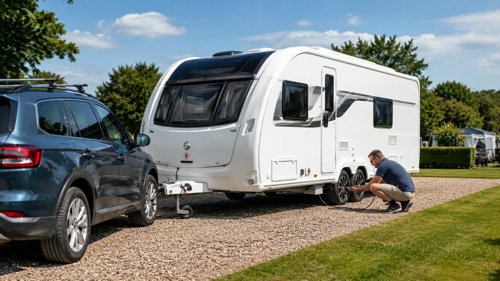Owner carrying out essential caravan safety checks before towing in the UK