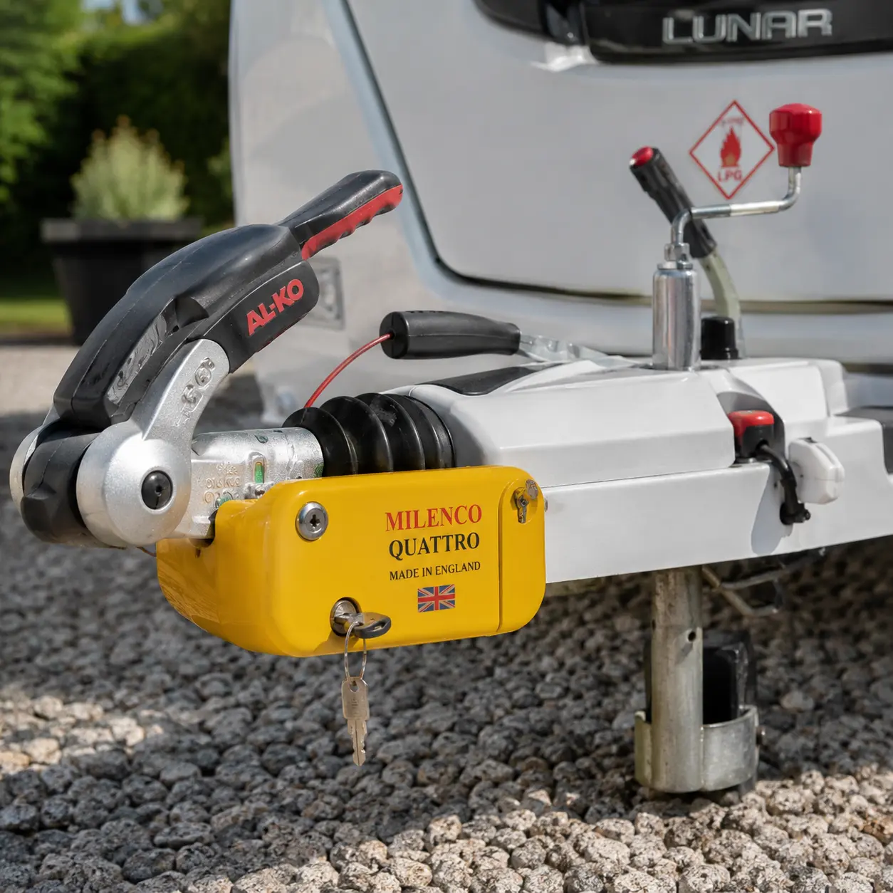 Hitch lock fitted to UK caravan coupling