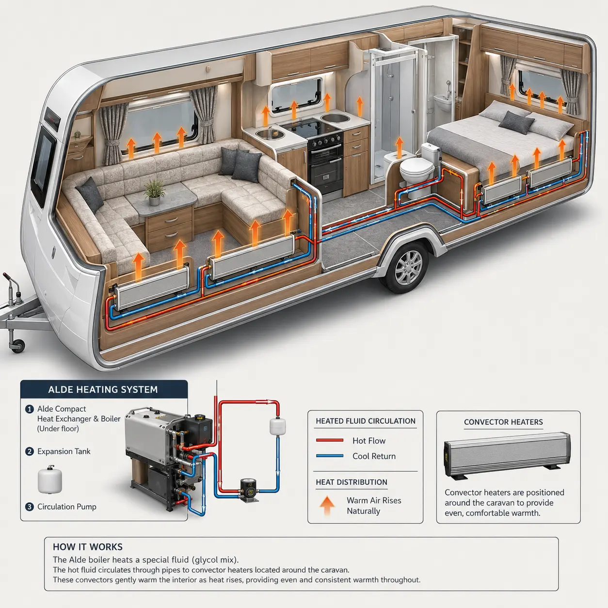 Wet central heating radiator inside a touring caravan