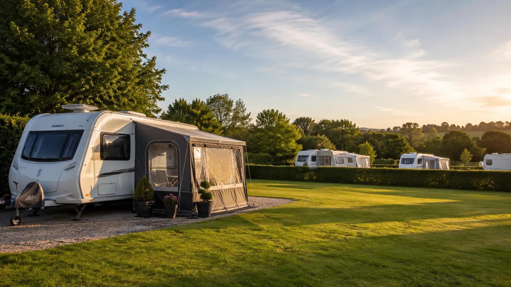 British touring caravan on a peaceful campsite with neighbouring caravans nearby