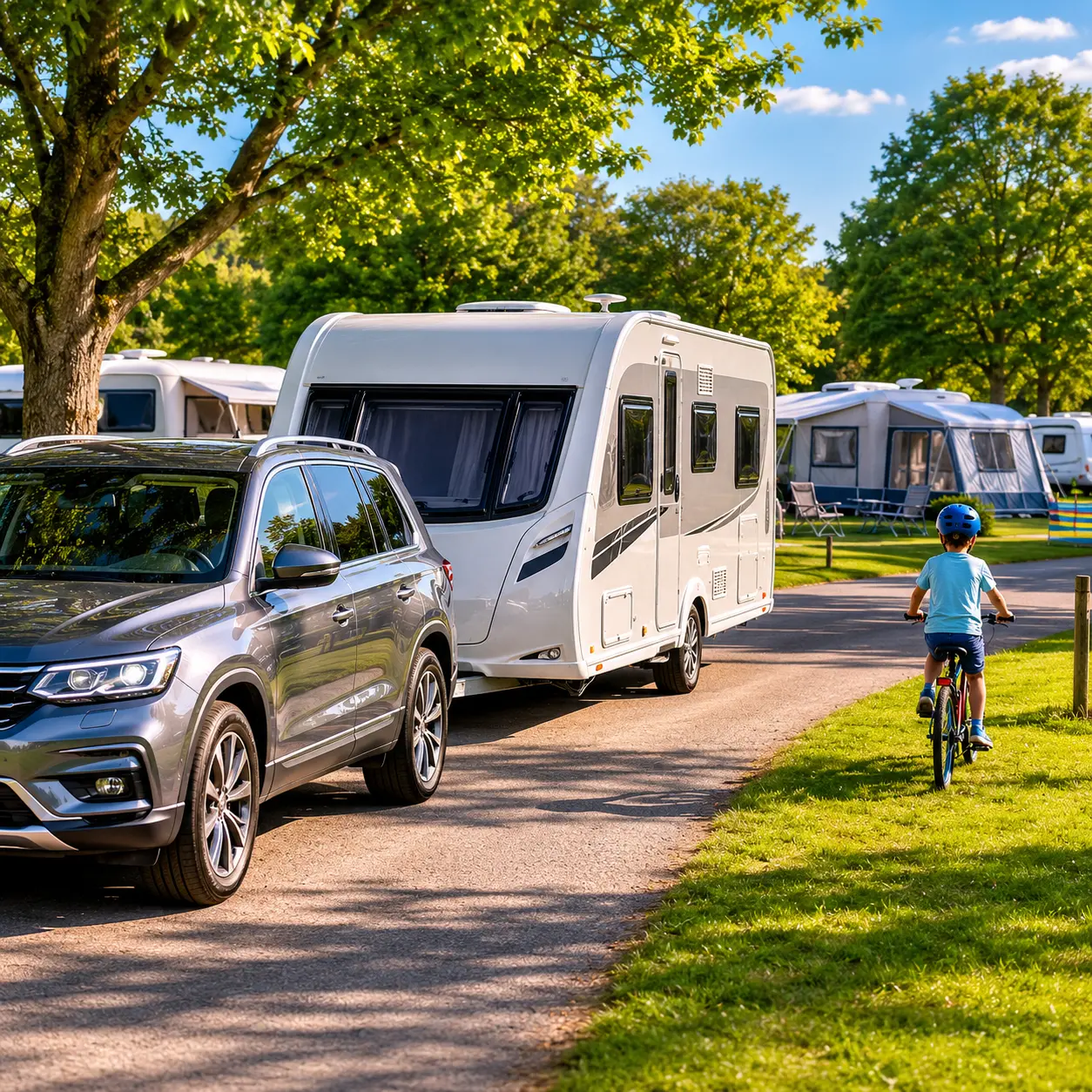Tow car and touring caravan driving slowly along a campsite road