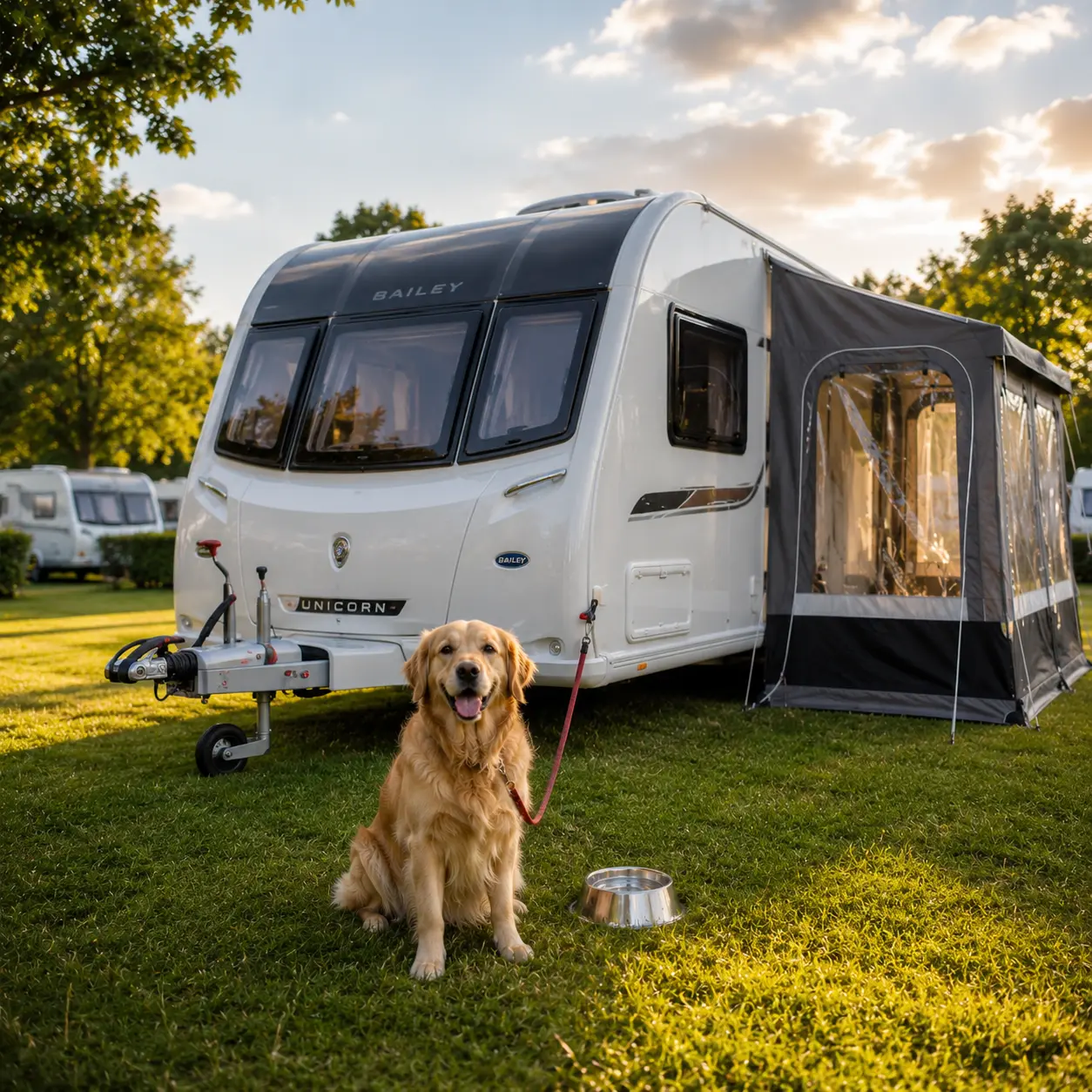 Golden retriever on a lead beside a British touring caravan pitch