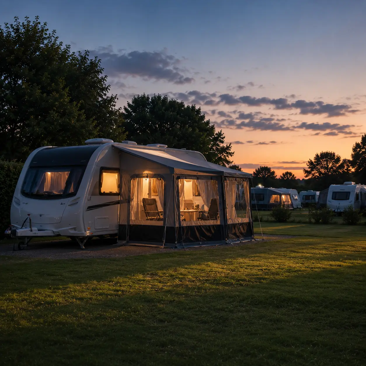 British touring caravan with subtle awning lights during a peaceful campsite evening