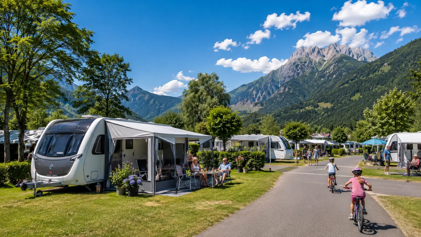 Modern touring caravan on a scenic European campsite overlooking mountains