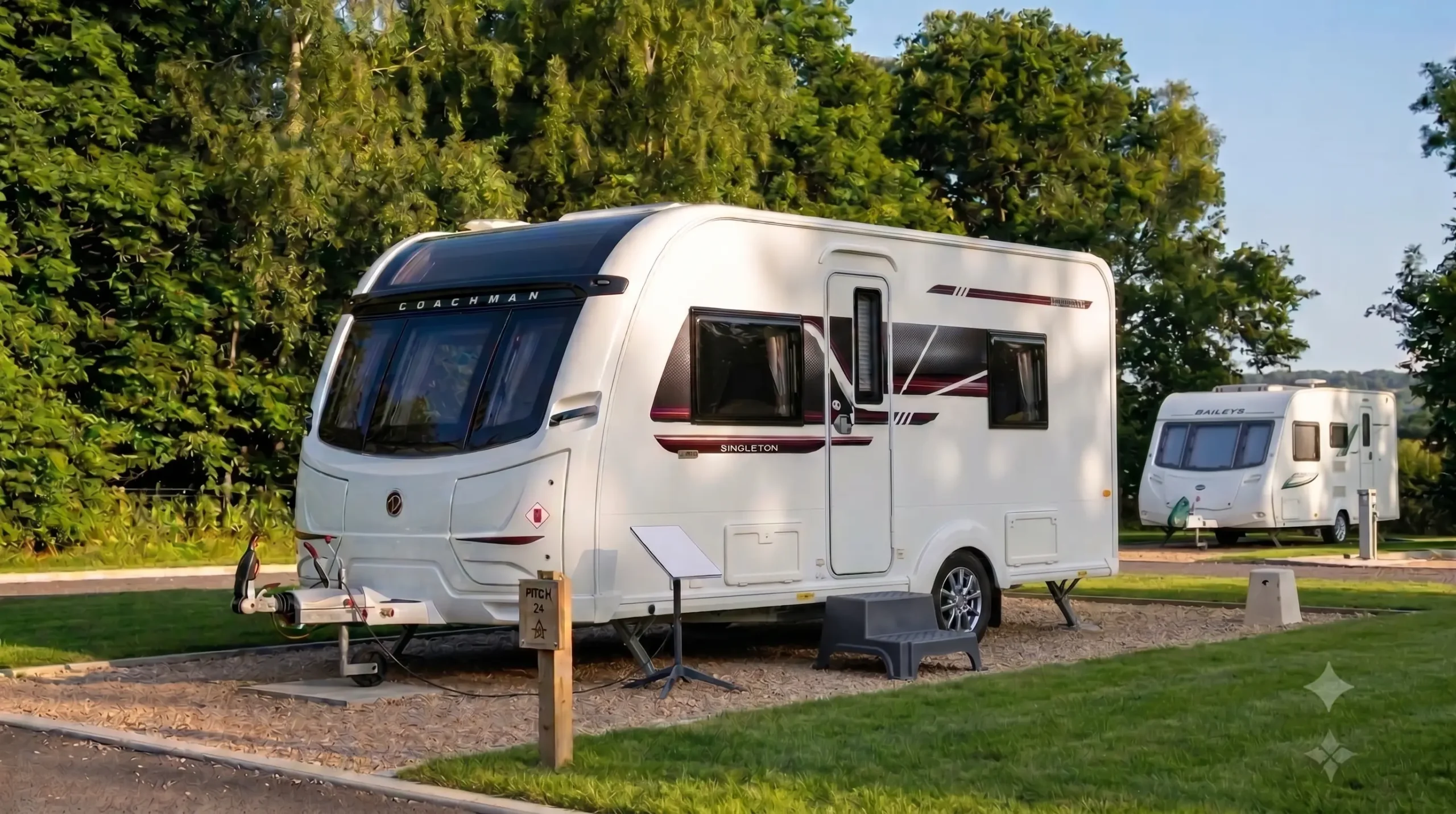 Starlink Mini set up beside a white Coachman Sussex Singleton caravan on a UK campsite
