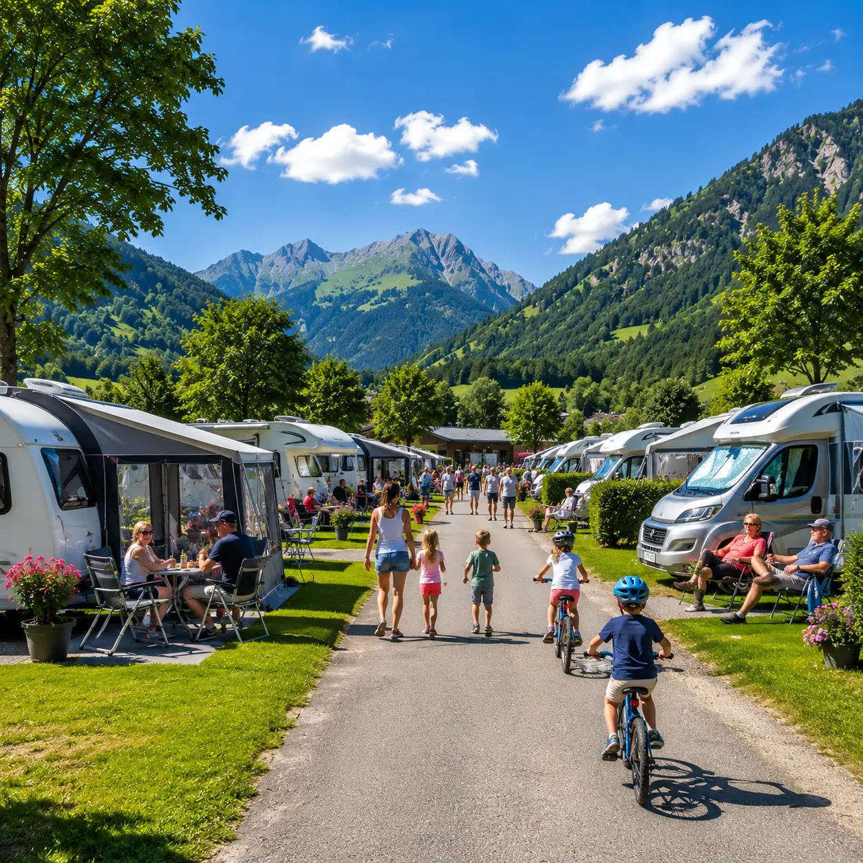 Busy European campsite filled with touring caravans during the summer holiday season.