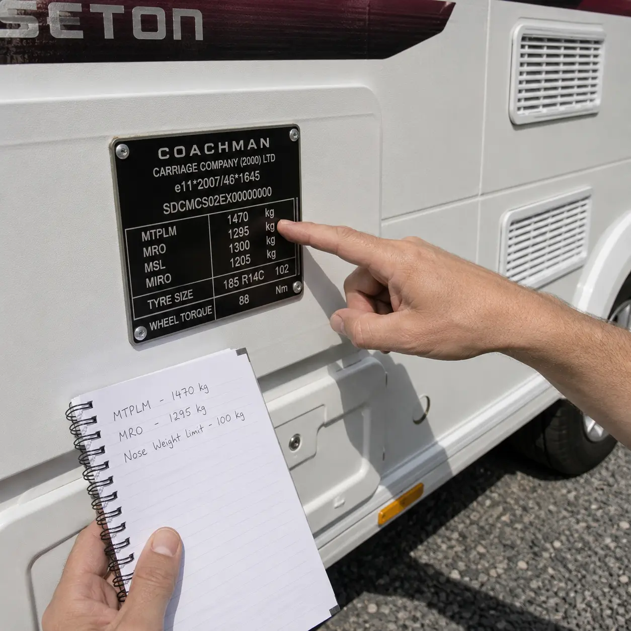 Coachman caravan MTPLM weight plate and specification details