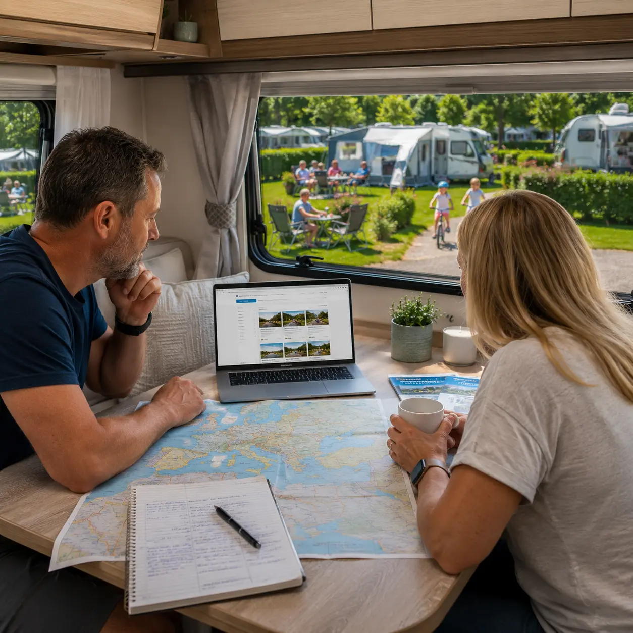 Couple planning a European caravan holiday using maps and a laptop.