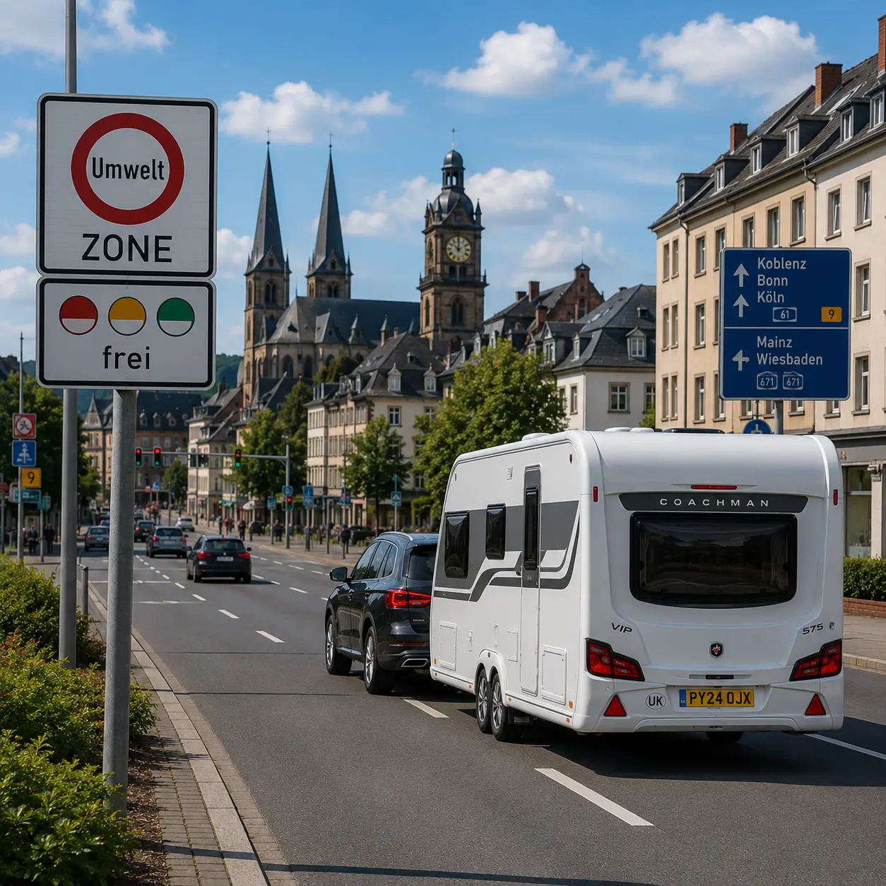 Car and caravan approaching a German environmental zone