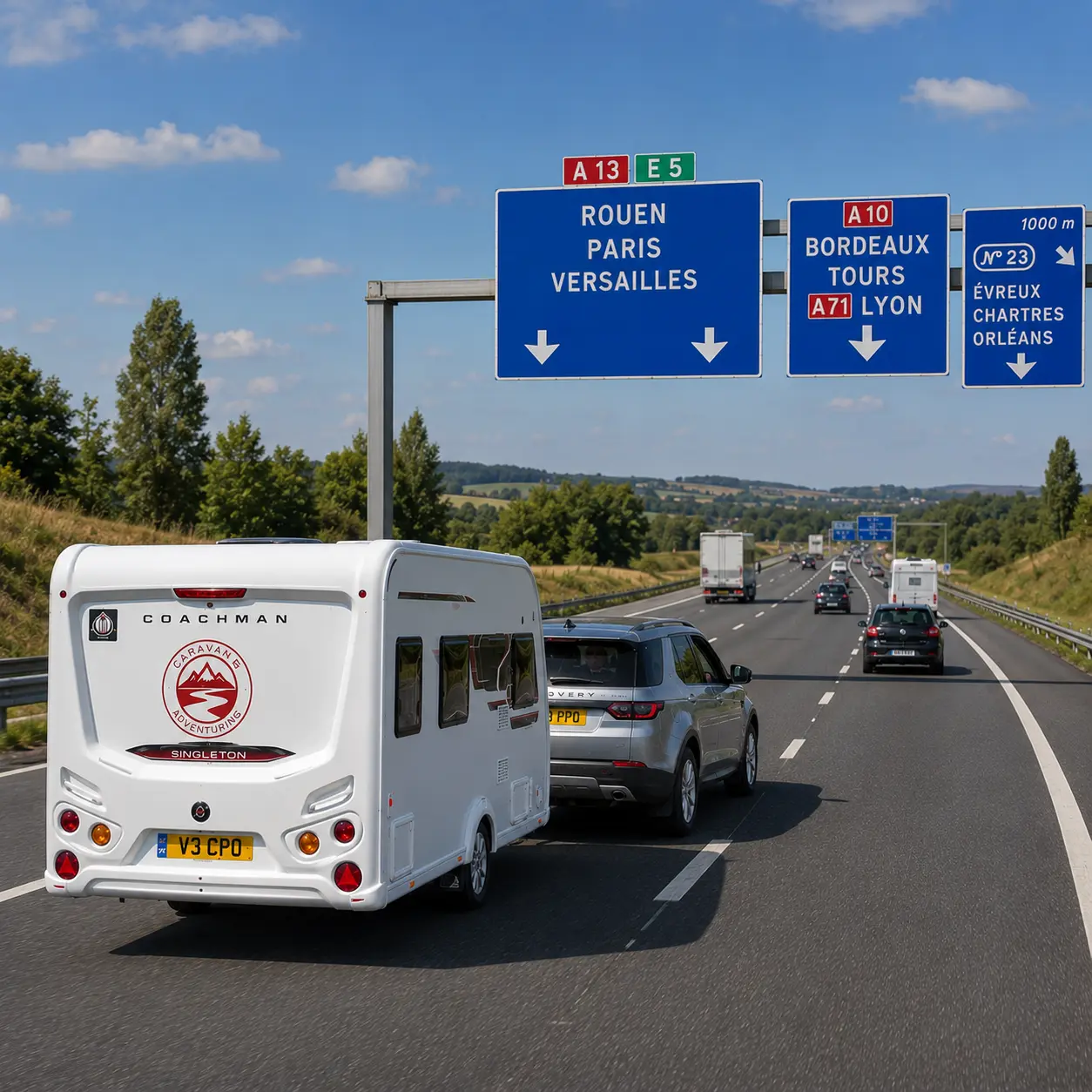 Silver Land Rover Discovery towing a Coachman Sussex Singleton caravan on a French autoroute
