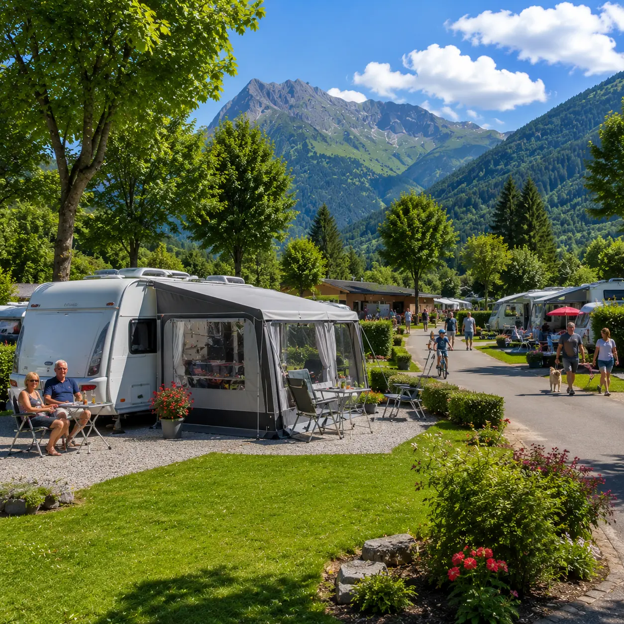 Spacious fully serviced touring pitch on a modern European campsite.