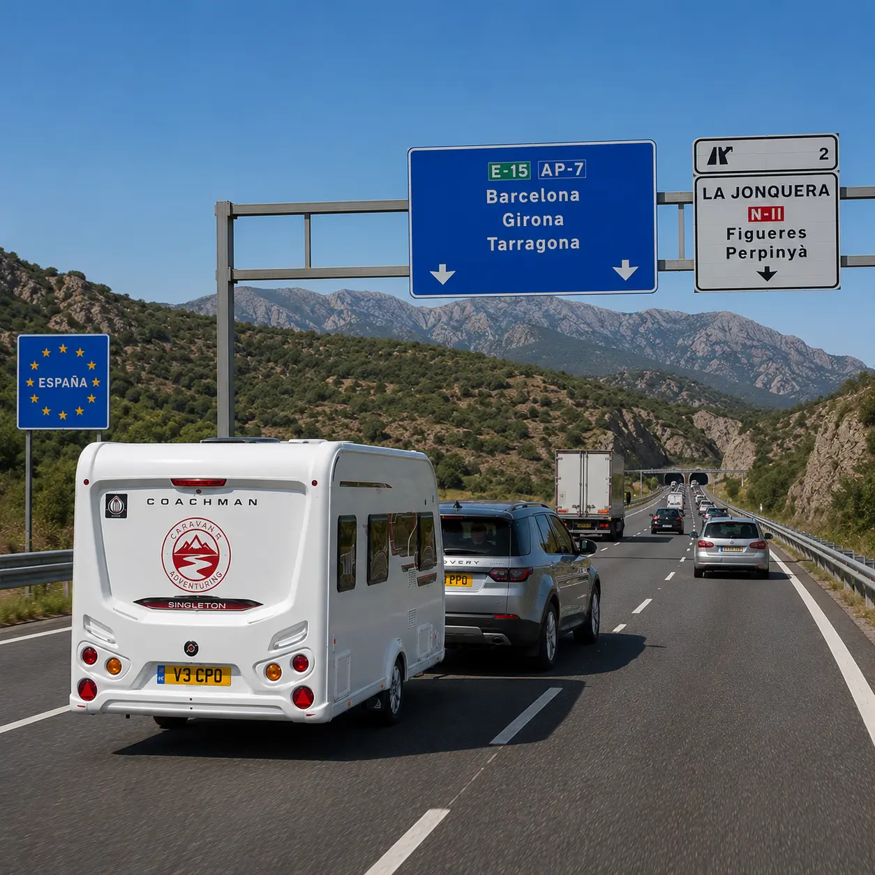 Silver Land Rover Discovery towing a Coachman Sussex Singleton caravan towards Spain