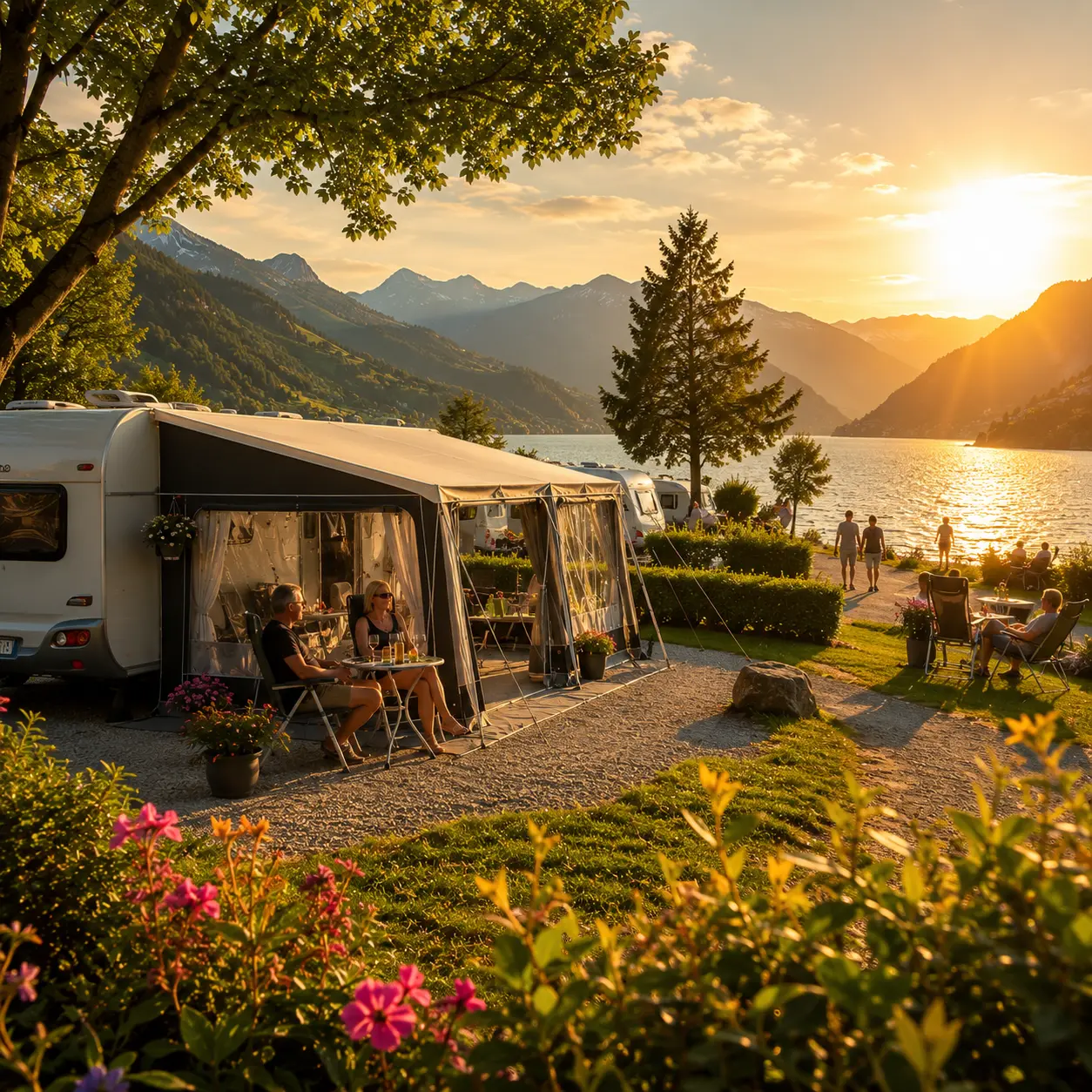 Modern touring caravan overlooking a beautiful European lake at sunset.