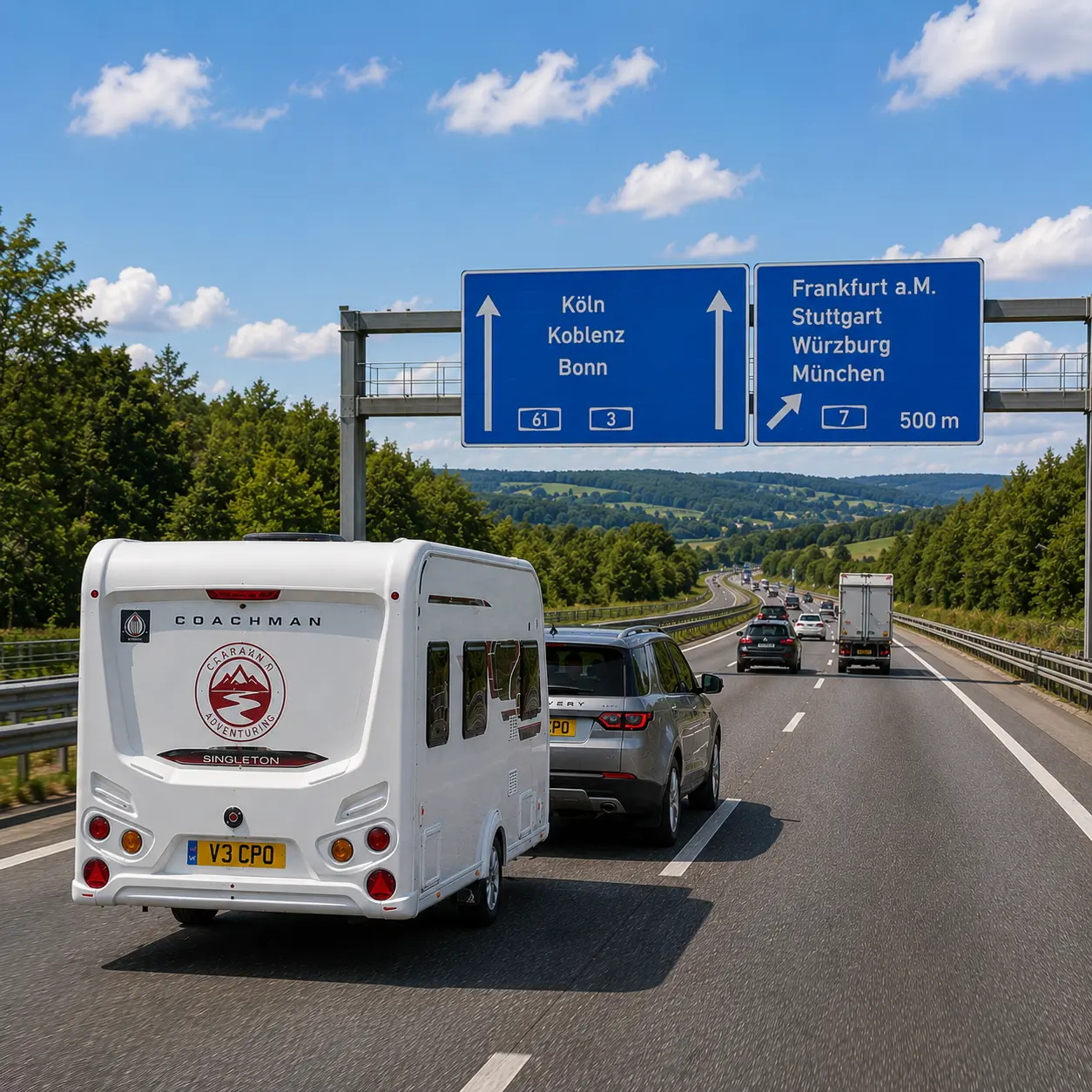Silver Land Rover Discovery towing a Coachman Sussex Singleton caravan on a German autobahn