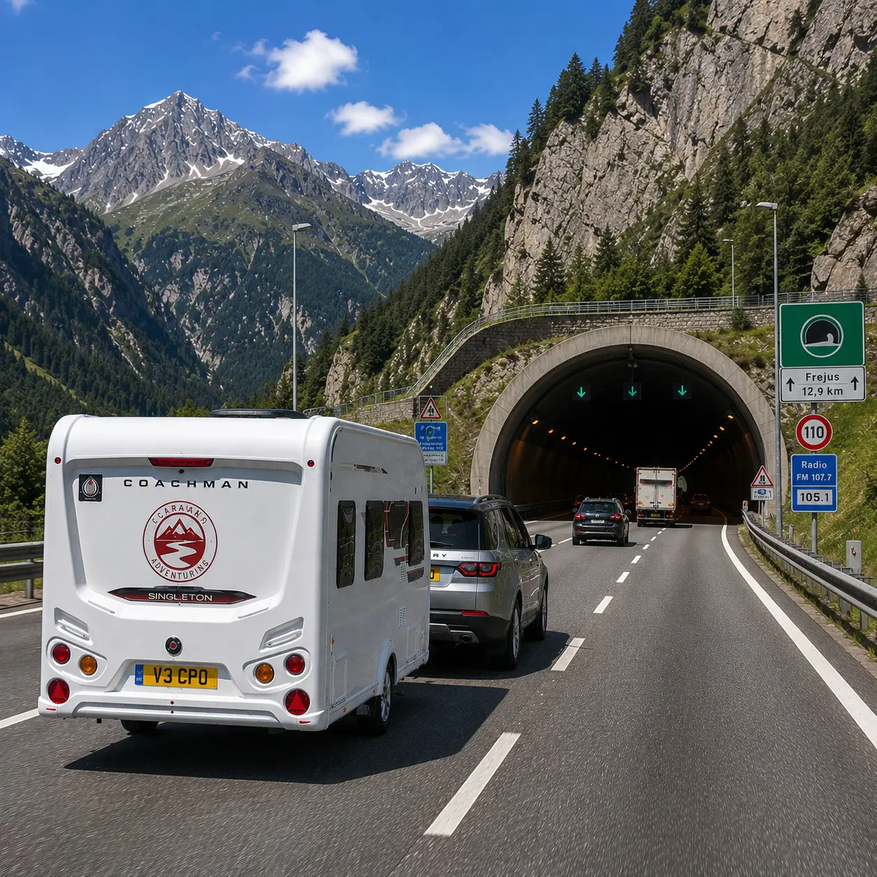 Silver Land Rover Discovery towing a Coachman Sussex Singleton caravan towards a major Alpine road tunnel