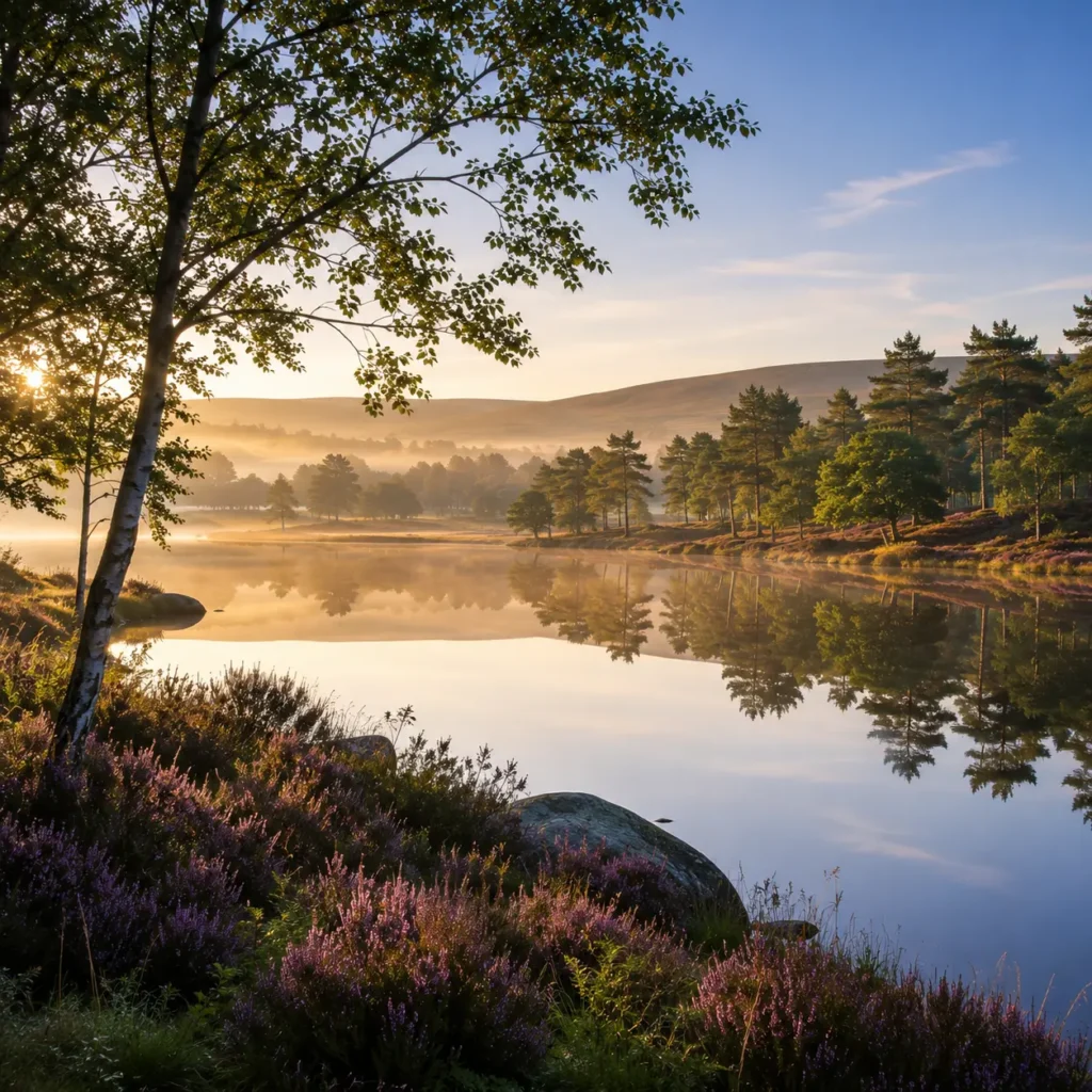 Peaceful lake surrounded by trees with flowering heather in the foreground at sunrise