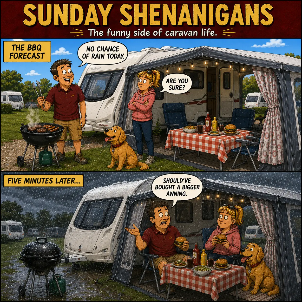 Sunday Shenanigans Comic 5 showing Barry's campsite barbecue interrupted by heavy rain as everyone rushes under the awning